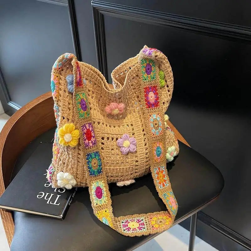 Large Boho Floral Crochet Tote Bag | Hollow Knit Handbag