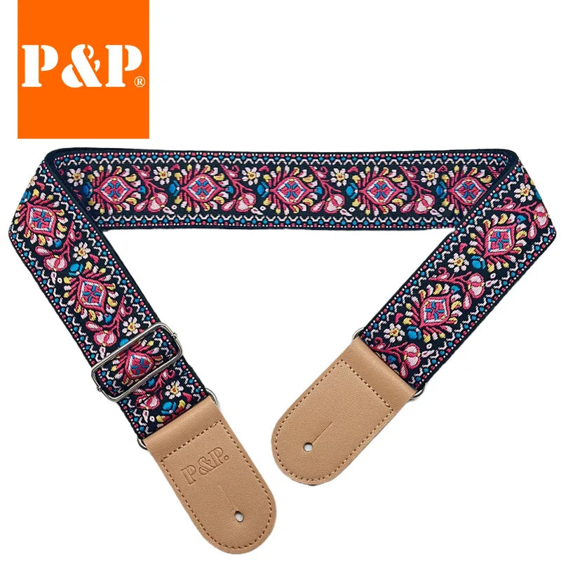 Guitar Strap Embroidered Belt Adjustable Jacquard Band Cotton Leather
