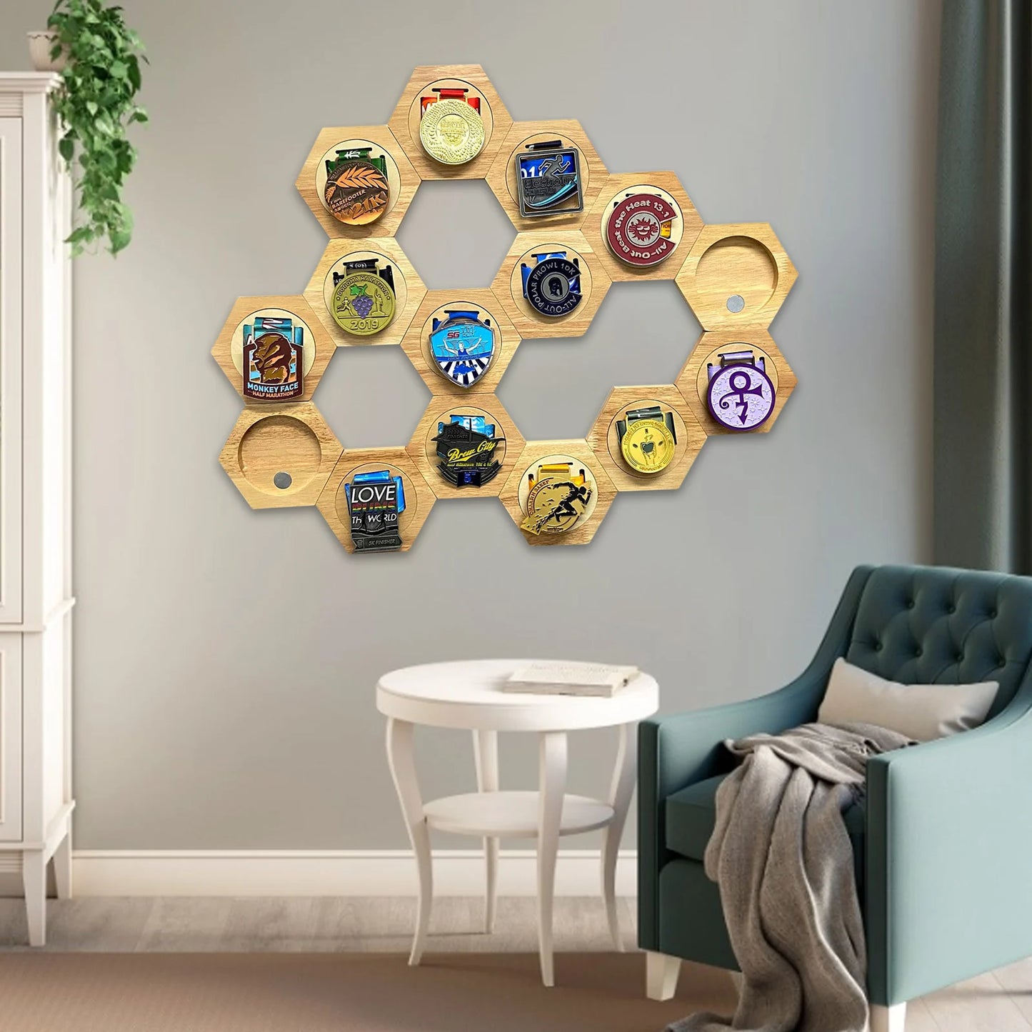 Hexagonal Wooden Medal Display Stand | Honeycomb Wall Rack