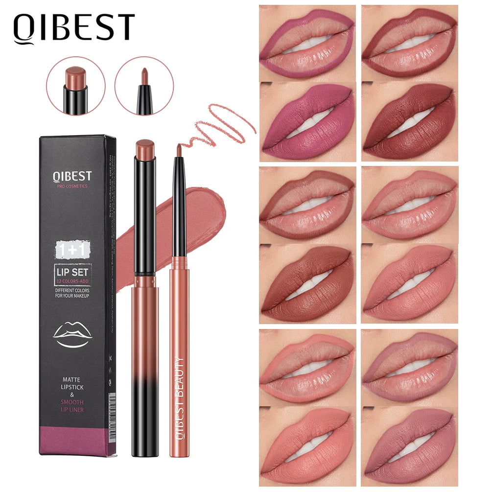 QIBEST 2pcs Lipstick Lipliner Pen Set Matte Velvet Lip Liner Pencil Contour Makeup Sexy Red Lip Stick Long Lasting Cosmetics Peaceful Pleasures Health and Wellness