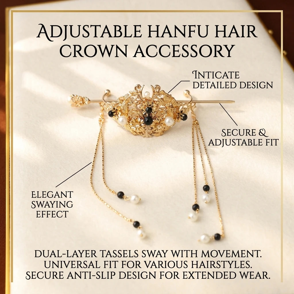 Ancient Style Tassel Step Shake Hair Crown for Hanfu with Double Layer Tassels, Unisex Traditional Chinese Costume Accessory Peaceful Pleasures Health and Wellness
