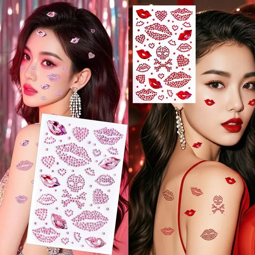 Red Heart & Lips Rhinestone Tattoos Self-Adhesive Glitter Face & Body Makeup Stickers Valentine's Day Face Gems Party Supplies Peaceful Pleasures Health and Wellness