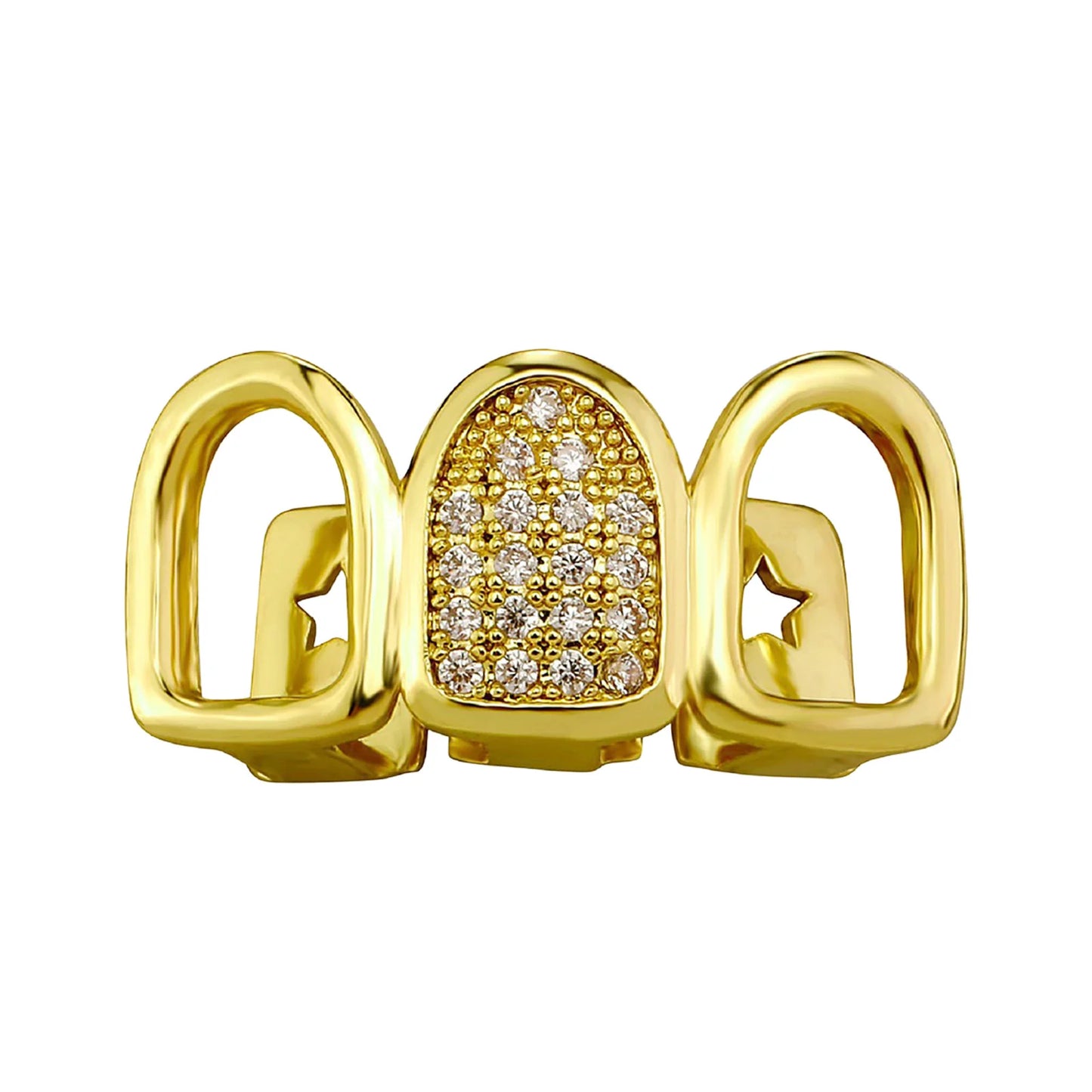 Rhinestone Teeth Cover Gold Plated Hollow Out Three Row Grillz With Zirconia Teeth Cover For Halloween Party Stage Performance Peaceful Pleasures Health and Wellness Gold
