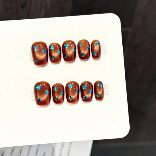 Caramel Brown Press-On Nails | Cat's Eye Green Diamond Y2K Press-On Nail Set Peaceful Pleasures Health and Wellness XS