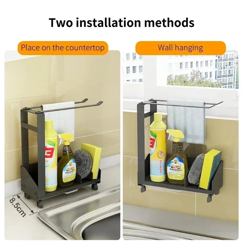 Black Sink Drain Rack – Sponge & Rag Holder with Drip Tray