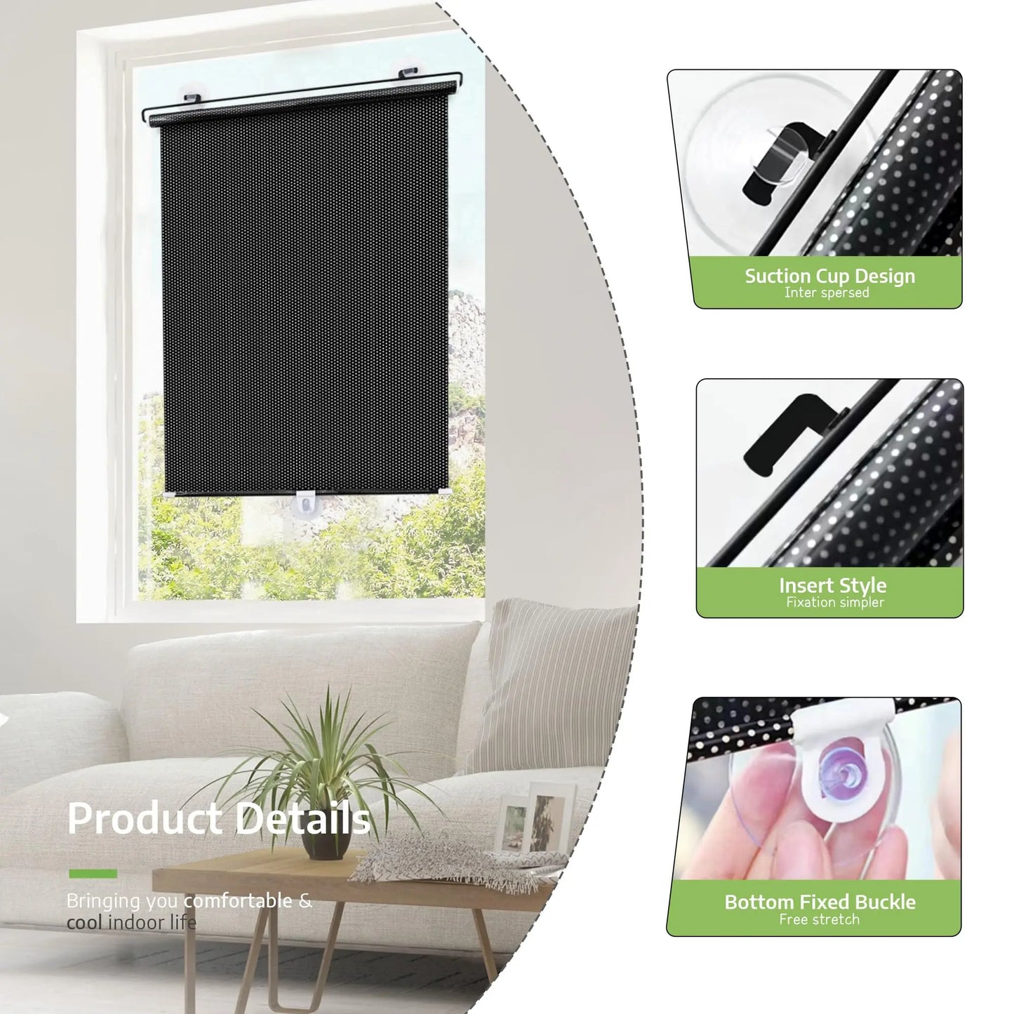 Blackout Roller Blinds Home Windows Sunshade Nail-Free Curtain Car Bedroom Kitchen Office Window Cover Blind Curtains Privacy Peaceful Pleasures Health and Wellness