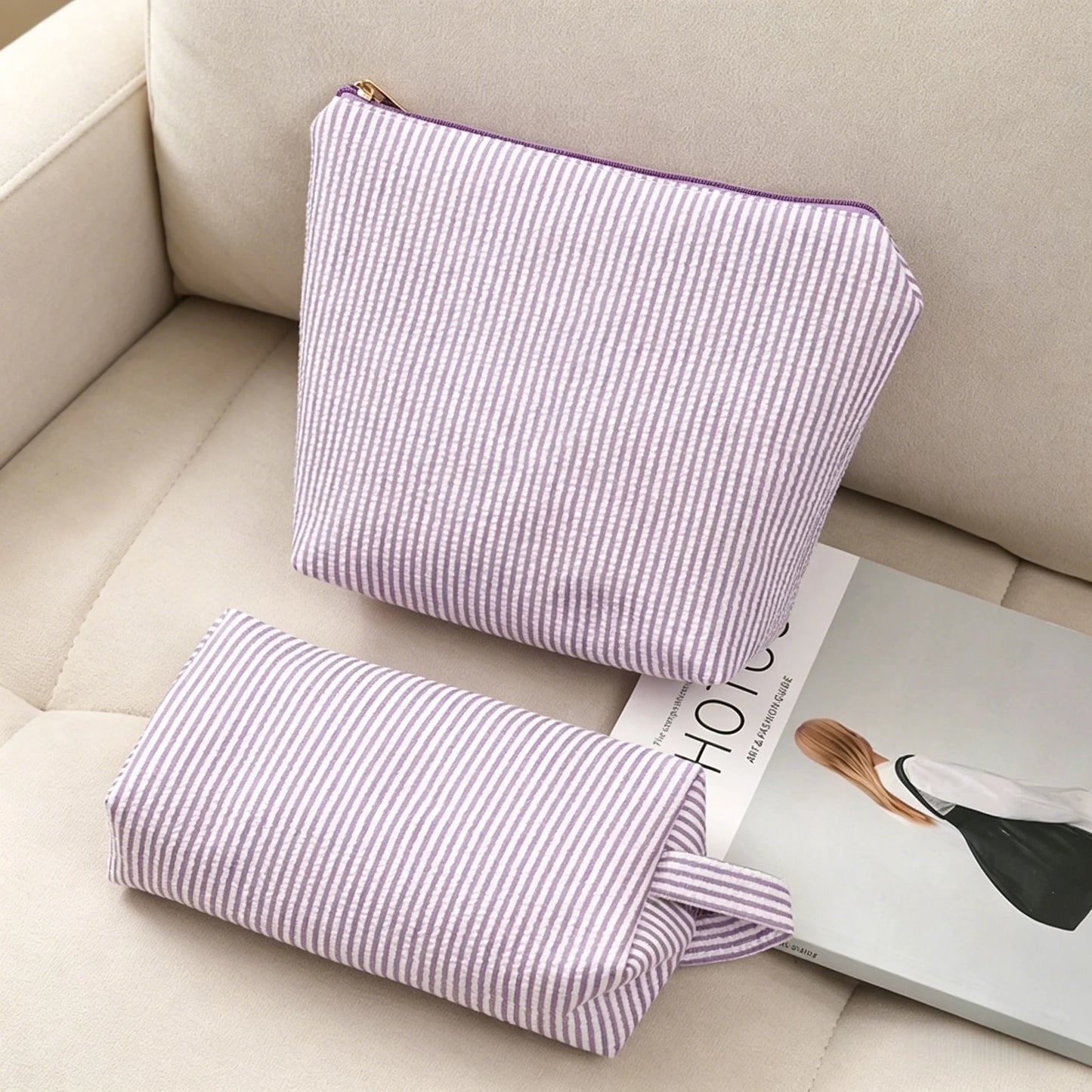 2-Piece Striped Makeup Bag Set | Travel Cosmetic Organizer