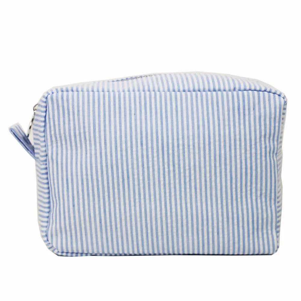 Seersucker Ruffle Cosmetic Bag | Pink Purple Striped Makeup Bag