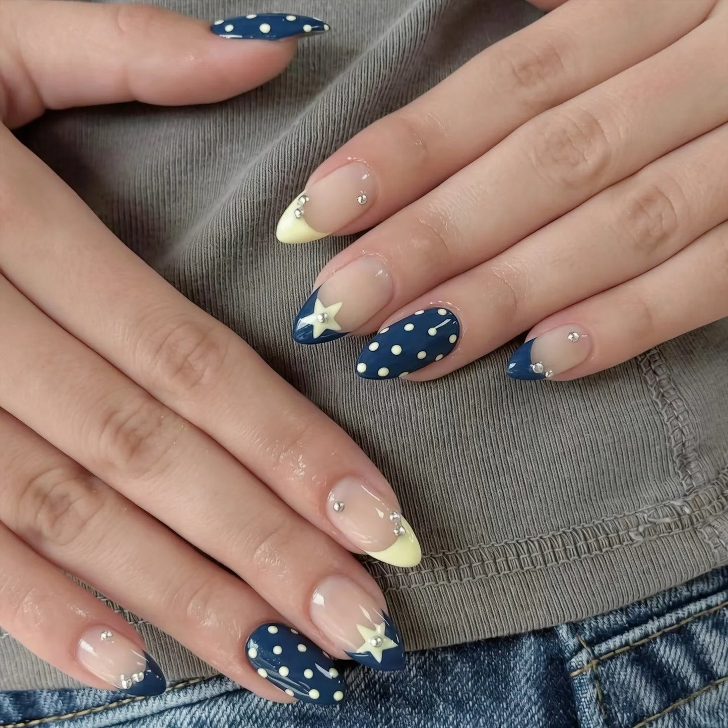 24pcs Colorful Y2k Press On Nails Star Print Designs Wearable Blue Yellow Polka Dot False Nails Fashion French Manicure Nail Art Peaceful Pleasures Health and Wellness