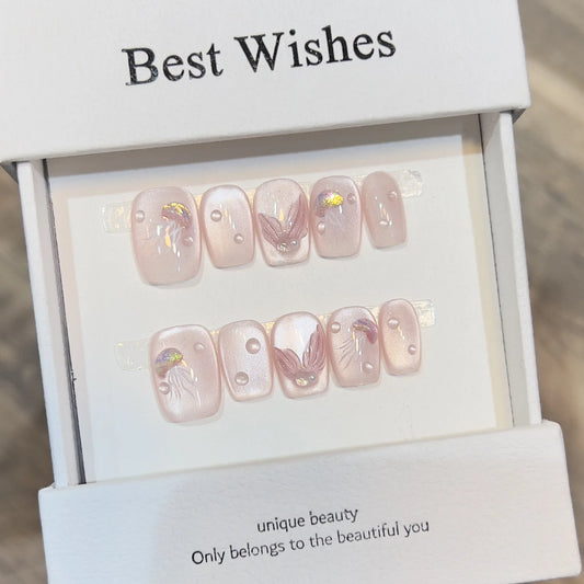 Short Cat Eye Press On Nails – Mermaid Pearl Pink Design Press On Nails Peaceful Pleasures Health and Wellness XS