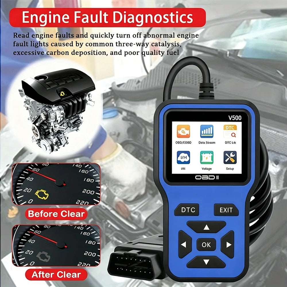 V500 OBD2 Scanner – Fault Code Reader & Battery Tester