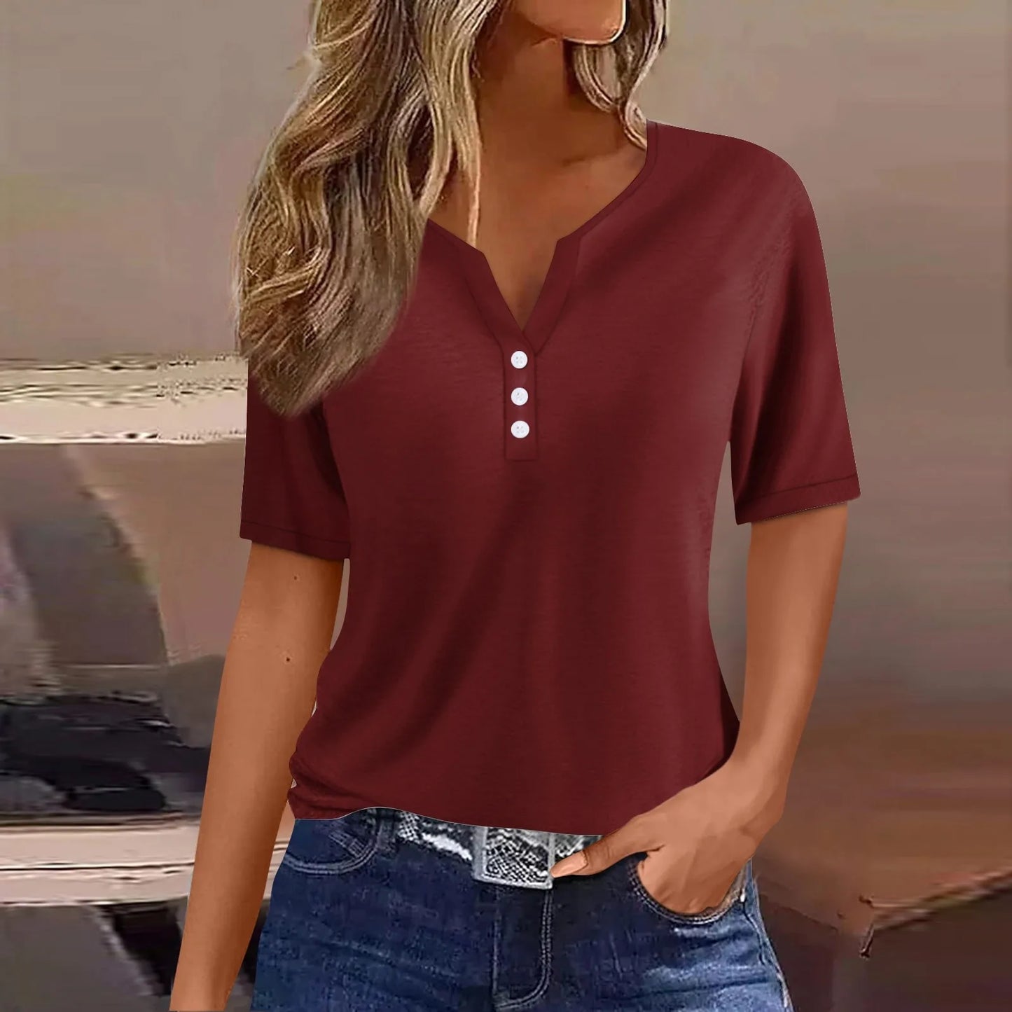 Women Summer Trendy Simple Casual Fashion Button T Shirt V Neck Short Sleeve Solid Loose Pullover Tops Plus Size Ropa De Mujer Peaceful Pleasures Health and Wellness Deep Red S