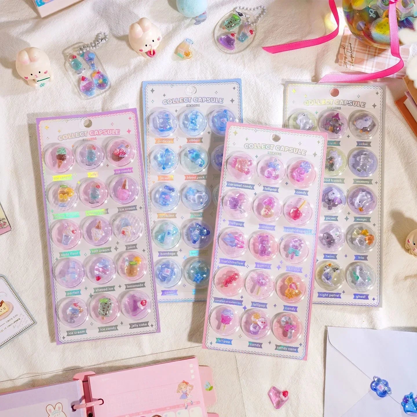 Creative 3D Capsule Embossed Crystal Sticker Kawaii 3D Relief Stickers Scrapbooking DIY Journal Cute Stationery School Sticker Peaceful Pleasures Health and Wellness