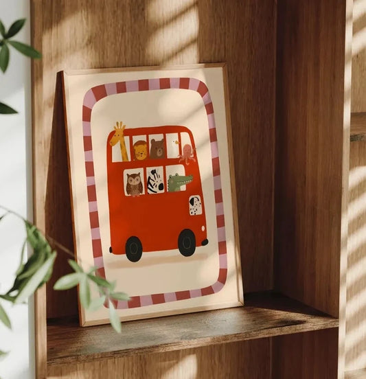 Cartoon Animals Red Bus Canvas Wall Art | Kids Room Decor Canvas Wall Art Print Peaceful Pleasures Health and Wellness G5246 30x40cm Black Framed