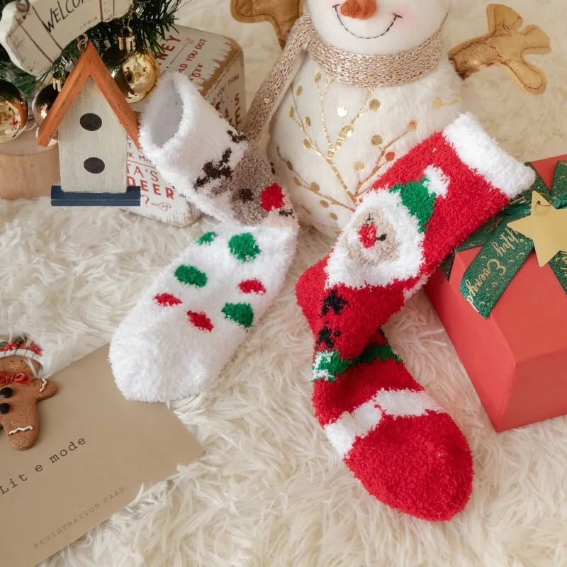 1 Pair of Coral Fleece Christmas Socks, Cute Elk Snowman Gift Socks, And Plush Mid Tube Men's And Women's Floor Sleeping Socks Peaceful Pleasures Health and Wellness