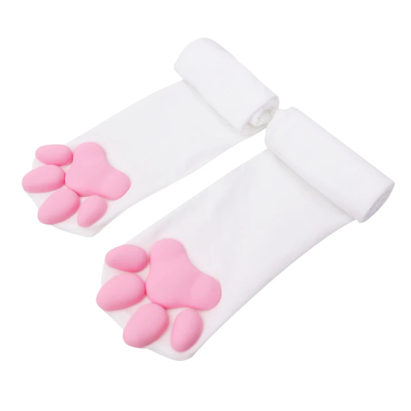 Women's Cute Cat Paw Stockings Girls Kawaii 3D Cat Claw Toe Beanies Gift Lolita PawPads Cosplay Cats Paw Pad Thigh High Socks Peaceful Pleasures Health and Wellness WHITE One Size