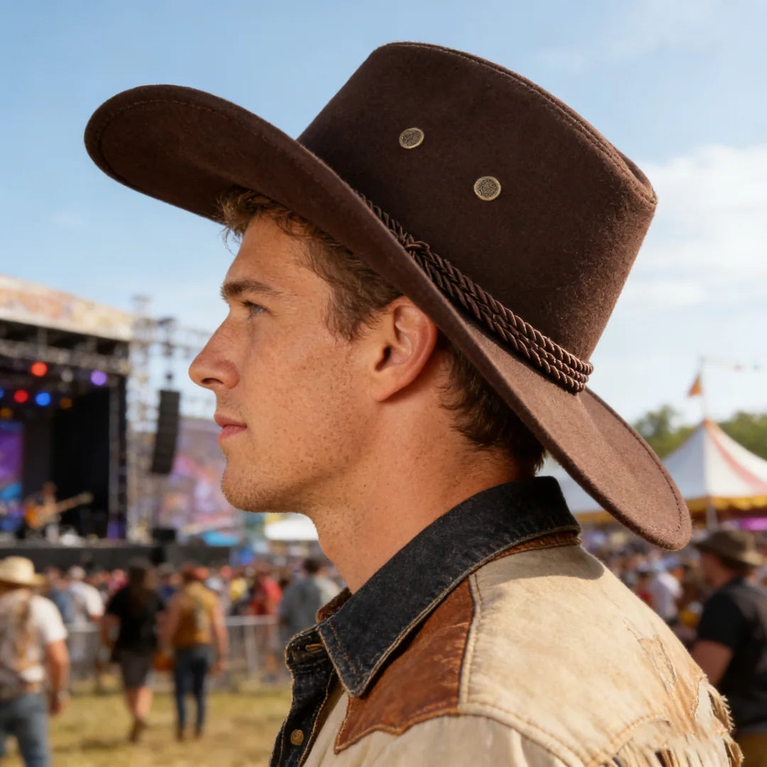 Brown Felt Western Cowboy Hat Braided Band Wide Curved Brim Unisex