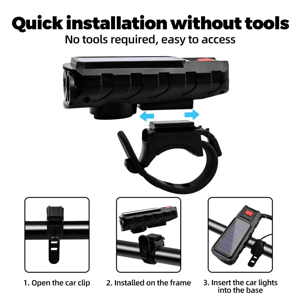 Solar USB-C Bike Front Light 300LM & 120dB Horn | MTB & Road