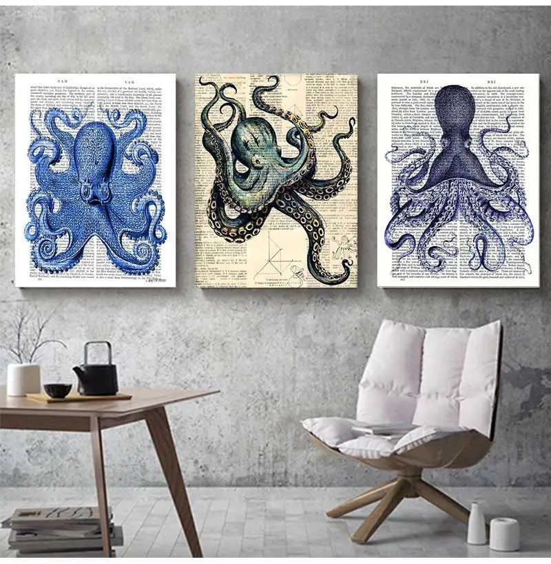 Poster Prints Nautical Coastal Wall Art Picture Antarctica Map Canvas Painting Home Wall Decor Kraken Octopus Tentacles Vintage Peaceful Pleasures Health and Wellness