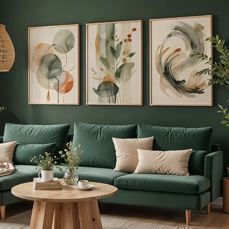 3-Piece Beige & Sage Abstract Watercolor Canvas Wall Art Set