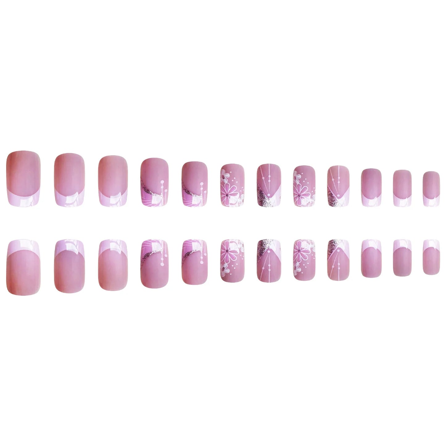 24pcs French Pink Flower Short Coffin Press On Nails | Nude Pink