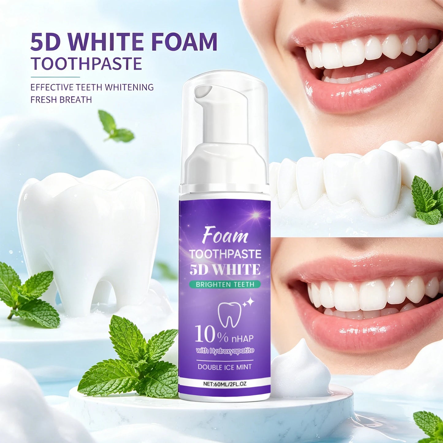 5D White Foam Toothpaste 10% Nhap Enamel Repair Fresh Breath Coffee/Smoke Stain Remover Mint Toothpaste Brightening Teeth Care Peaceful Pleasures Health and Wellness