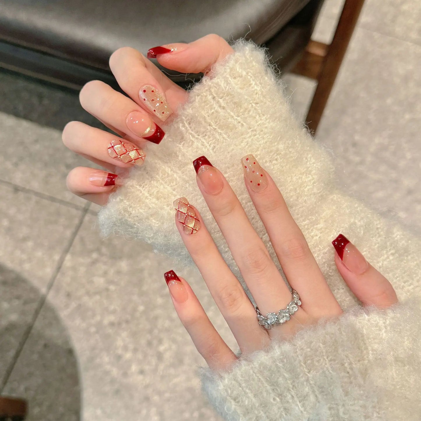 Handmade Press on Nails Shiny Cat Eye French Dot Grid Fake Nail Tips Women Girl Wearable Red New Year Sweet Korean False Nails Peaceful Pleasures Health and Wellness XS 1