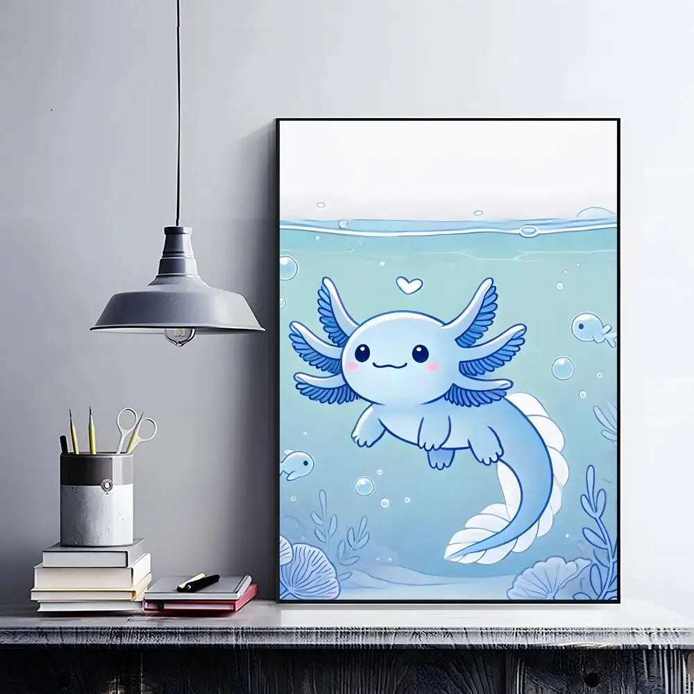 Cute Axolotl Art Poster HD Self Adhesive Waterproof Wall Art Ideal for Home Office Dorm Bedroom Great Gift Peaceful Pleasures Health and Wellness