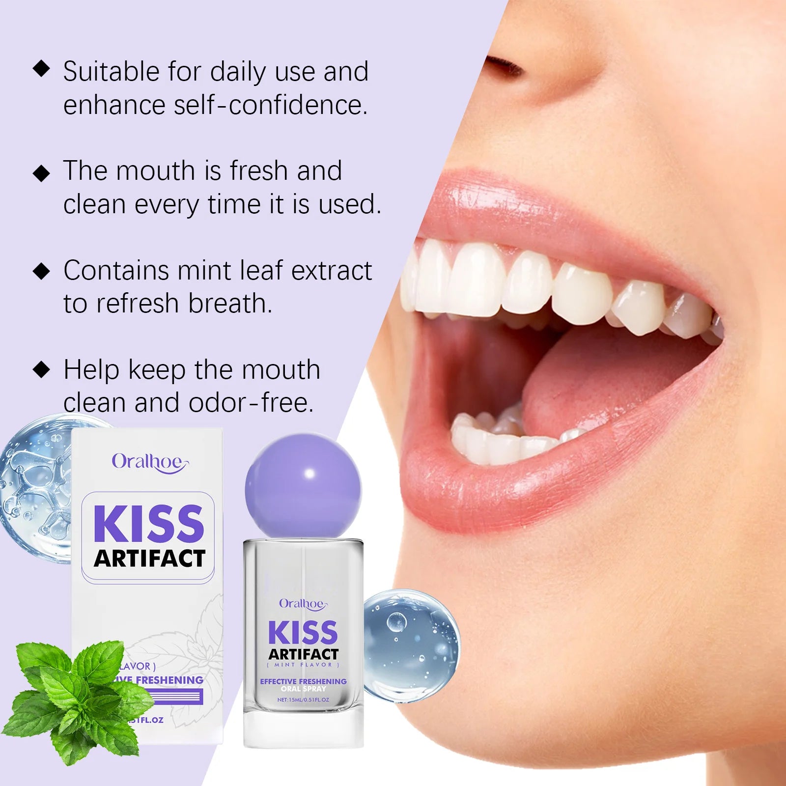 ORALHOE Probiotic Oral Spray Remove Plaque Stainsfresh Breath Travel-Sized Gentle Cleansing Refresh Long Lasting Mint Oral Spray Peaceful Pleasures Health and Wellness