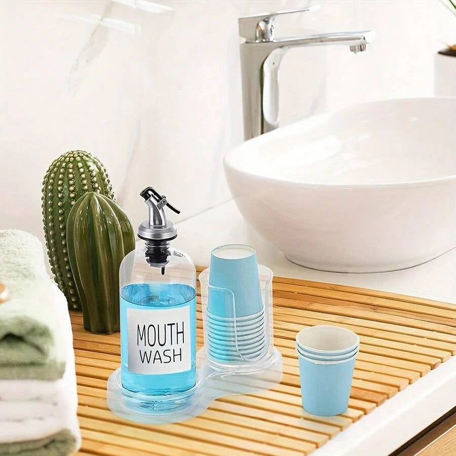 Mouthwash Dispenser with Cup Holder & Tray – 3-Piece Clear Pump Bottle Bathroom Organizer Set