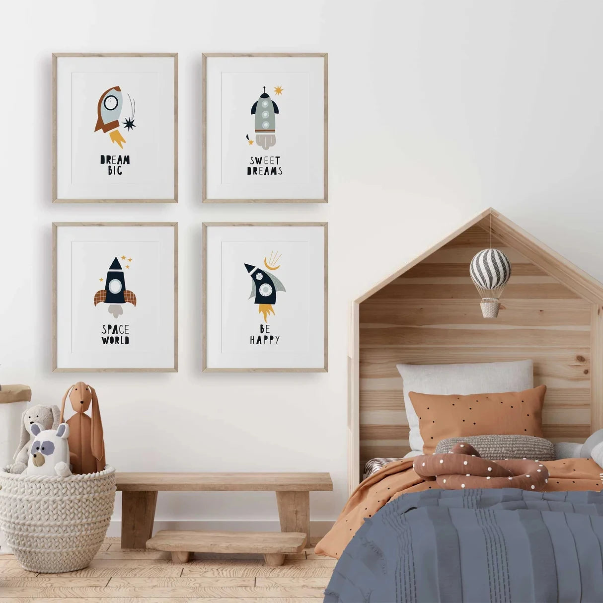 4-Piece Cartoon Space Rockets Canvas Wall Art | Kids Room