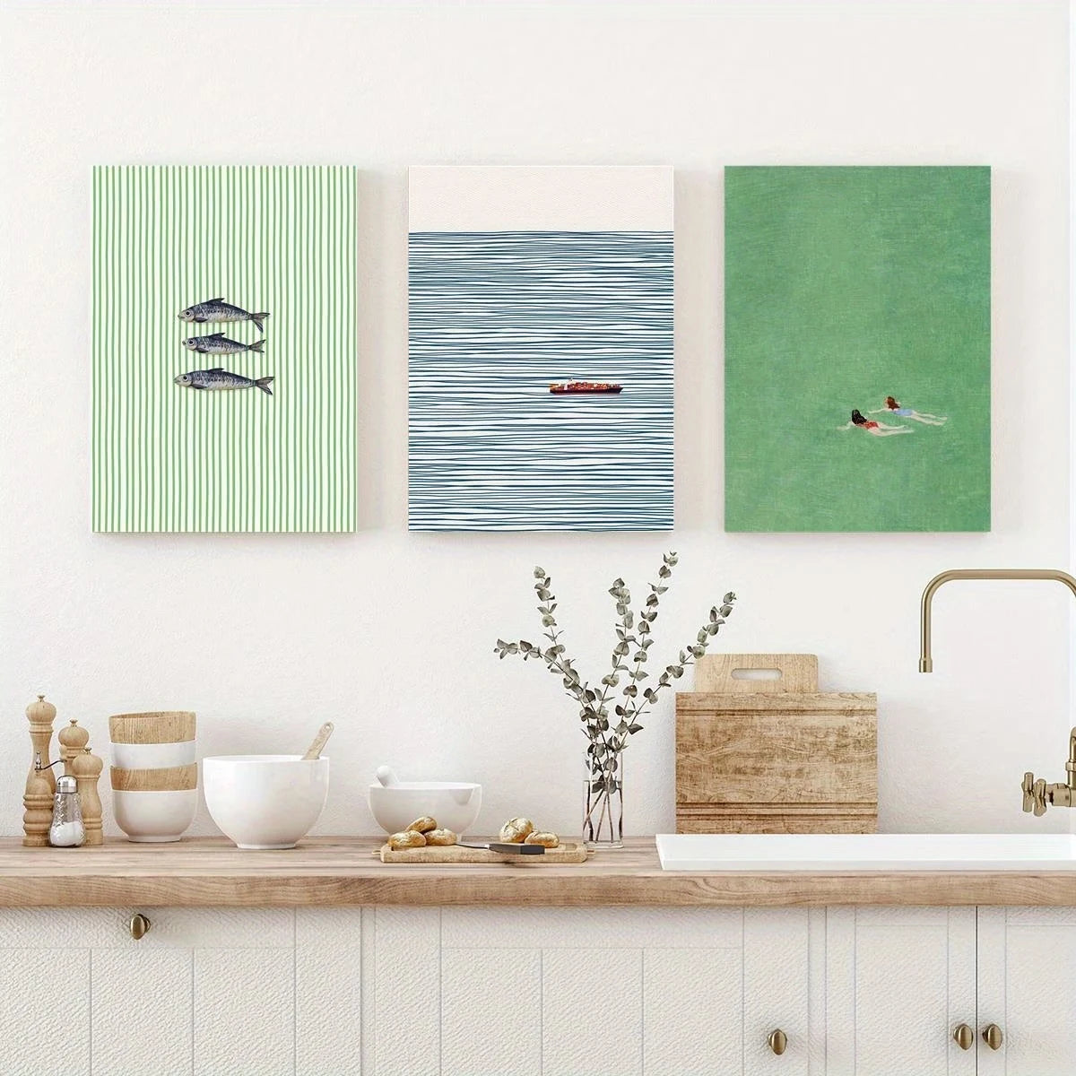 3-Piece Oceanic Fish Green & White Canvas Wall Art Print