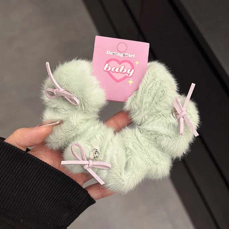 New Soft Bow Hair Scrunchie for Women New Style High Ponytail Plush High Elastic Hair Tie Rubber Band Versatile Hair Accessories Peaceful Pleasures Health and Wellness 1pc green
