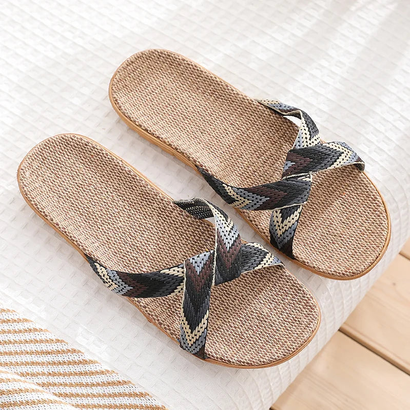 Women's Crossed Linen Flat Slippers – Indoor Beach Sandals