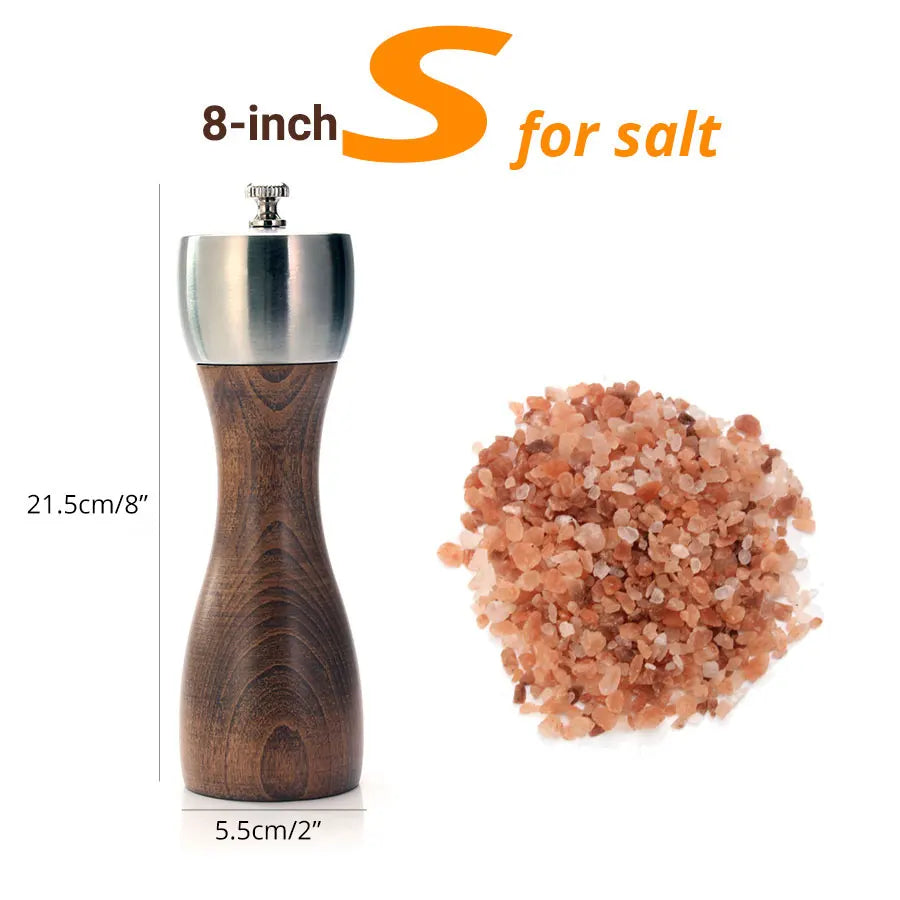 Premium Beech Pepper Mill, Salt and Pepper Grinder - Precision Carbon Steel Rotor Use for Peppercorn, Sea Salt, Pepper Peaceful Pleasures Health and Wellness 8 inch for salt
