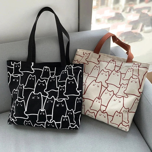 Cute Cartoon Cat Canvas Tote Bag Women Fashion Shoulder Casual Peaceful Pleasures Health and Wellness