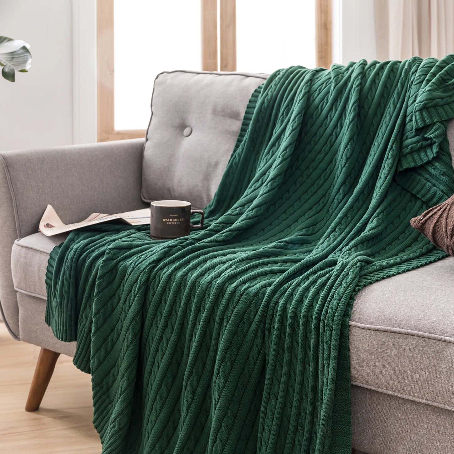 Battilo 100% Cotton Cable Knit Throw Blanket | Sofa & Bed
