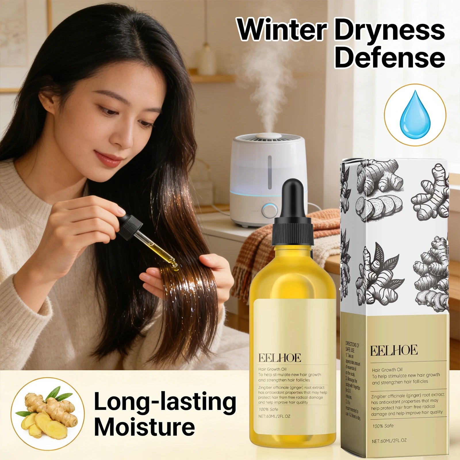 Eelhoe Ginger Hair Oil – Dandruff Relief & Hair Growth 60ml Hair Growth Oil Peaceful Pleasures Health and Wellness
