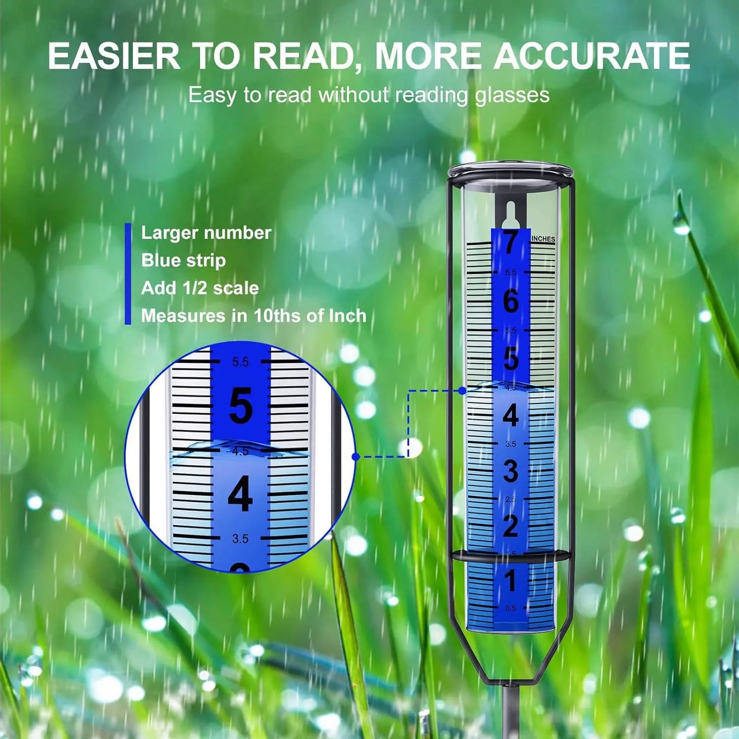 Rain Gauge 7" Freeze-Proof Transparent Plastic Outdoor Measuring Tool Large Clear Numbers Adjustable Height for Garden Lawn Farm Peaceful Pleasures Health and Wellness