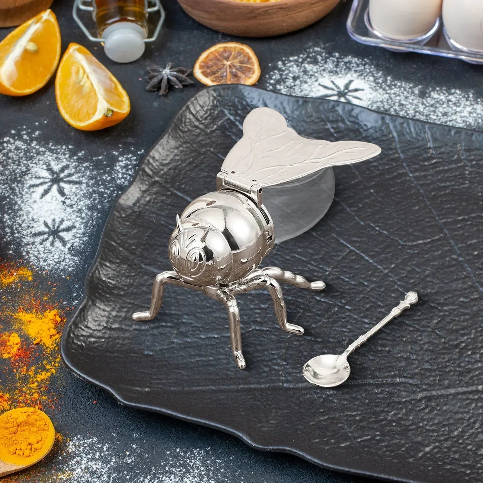 Creative cartoon Bee Shaped Seasoning Jar Honey Pot with Spoon for Kitchen Decor Festive Parties condiments oil Storage Holder Peaceful Pleasures Health and Wellness