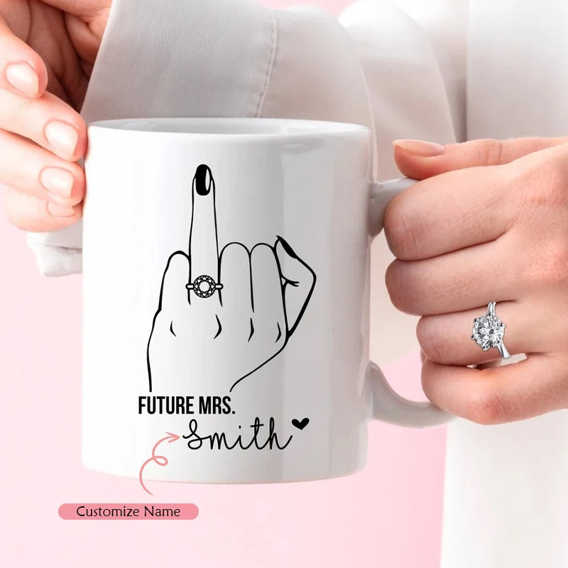 Personalized Name Future Mrs Ring Finger Mug Wedding Bachelorette Party Bridal Shower Decoration Supplies Custom Name Fiance Cup Peaceful Pleasures Health and Wellness Custom
