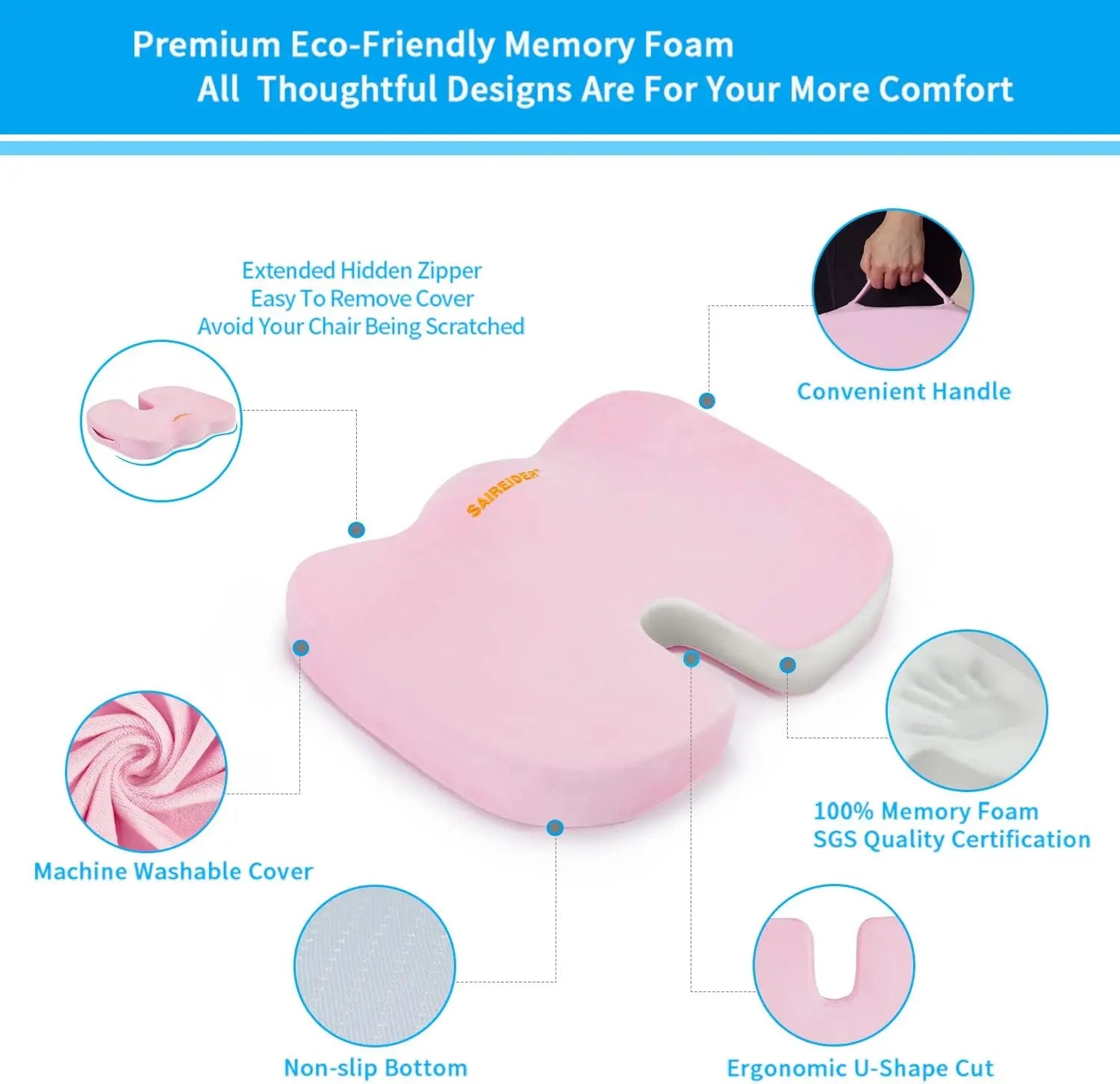 Pink memory foam cushion with features highlighted on a blue background