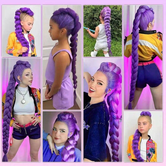 fashion Performance hair accessory ponytail 32 inch long purple braided wig shining metallic texture children's holiday outfit Peaceful Pleasures Health and Wellness