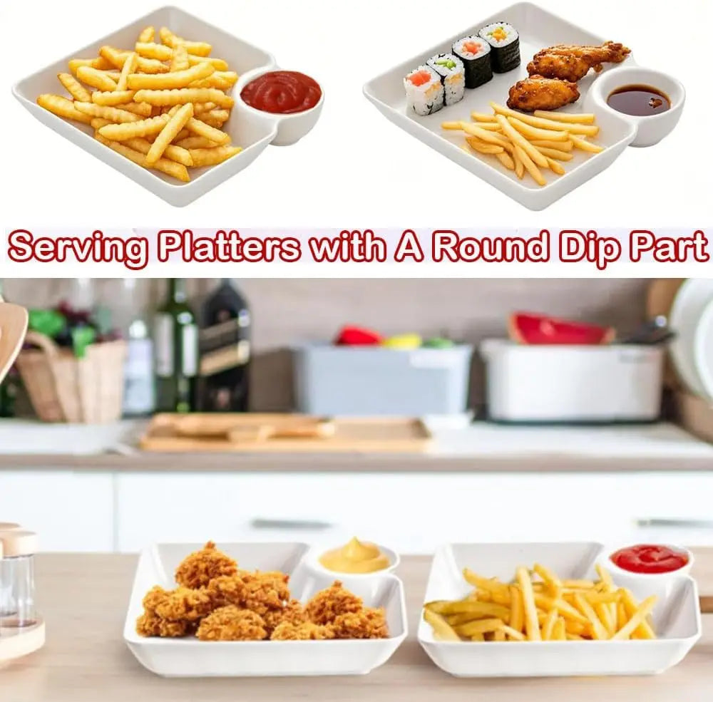 Chip Dip Serving Platter Set, Plastic Dumpling Plates with Sauce Compartment, Square Serving Dish Sushi Plates Peaceful Pleasures Health and Wellness