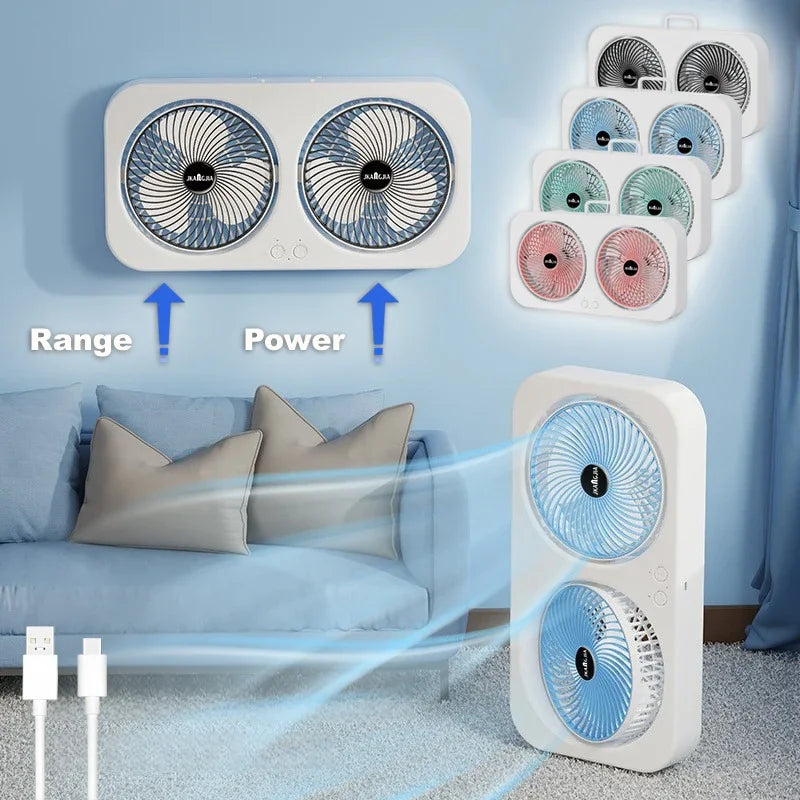 Dual Head USB Rechargeable Fan – Wall Mount, Desk & 3 Speeds