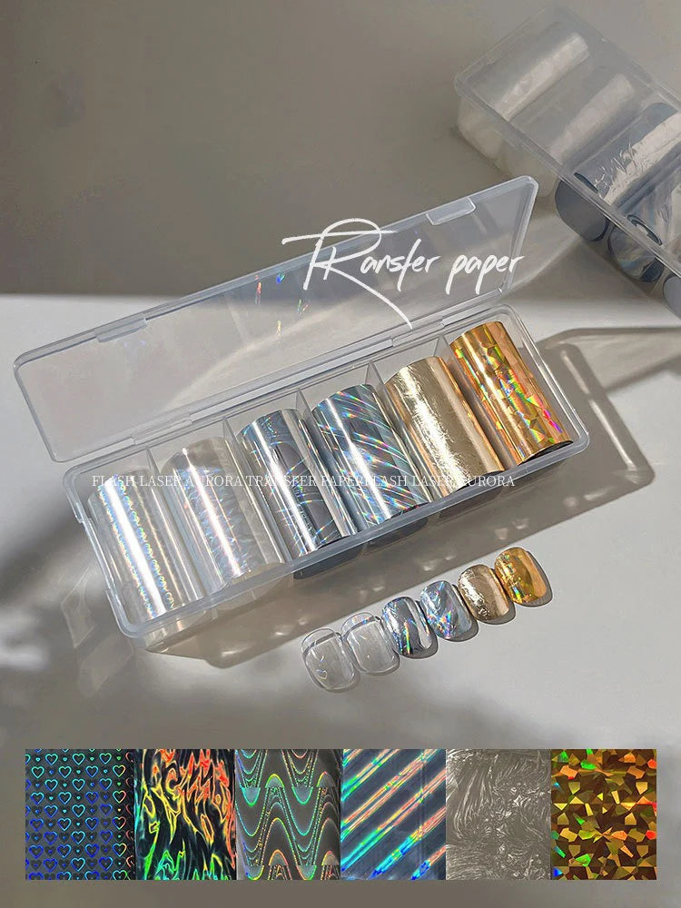 6 Rolls Holographic Aurora Nail Transfer Decals – Iridescent DIY