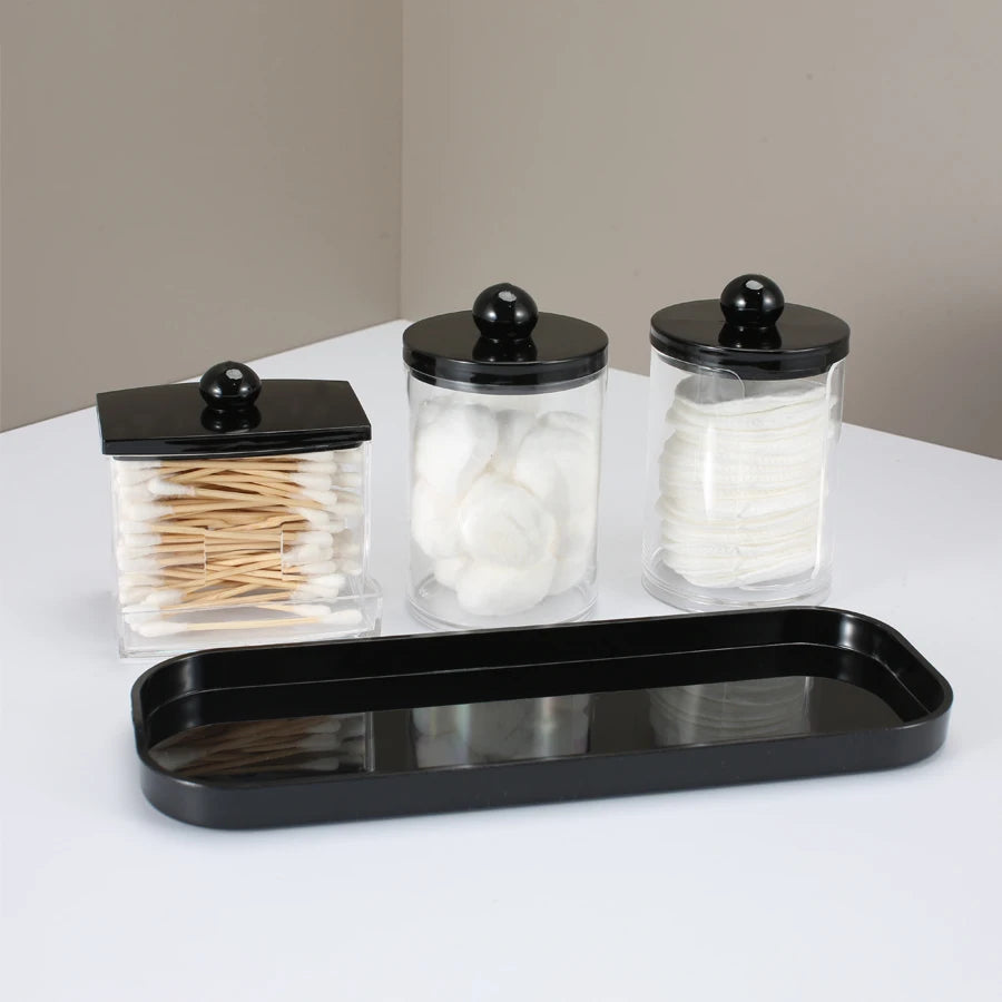 Qtip Holder Bathroom Set with Tray 3 Pack Acrylic Plastic Apothecary Jars Qtip Dispenser Canister with Lid Bathroom Organizers Peaceful Pleasures Health and Wellness