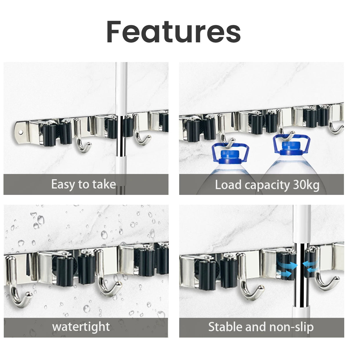 4-Hook Adhesive Broom Mop Organizer Stainless Steel Wall-Mounted Non-Slip Rack Storage Solution for Home Kitchen Garden Laundry Peaceful Pleasures Health and Wellness