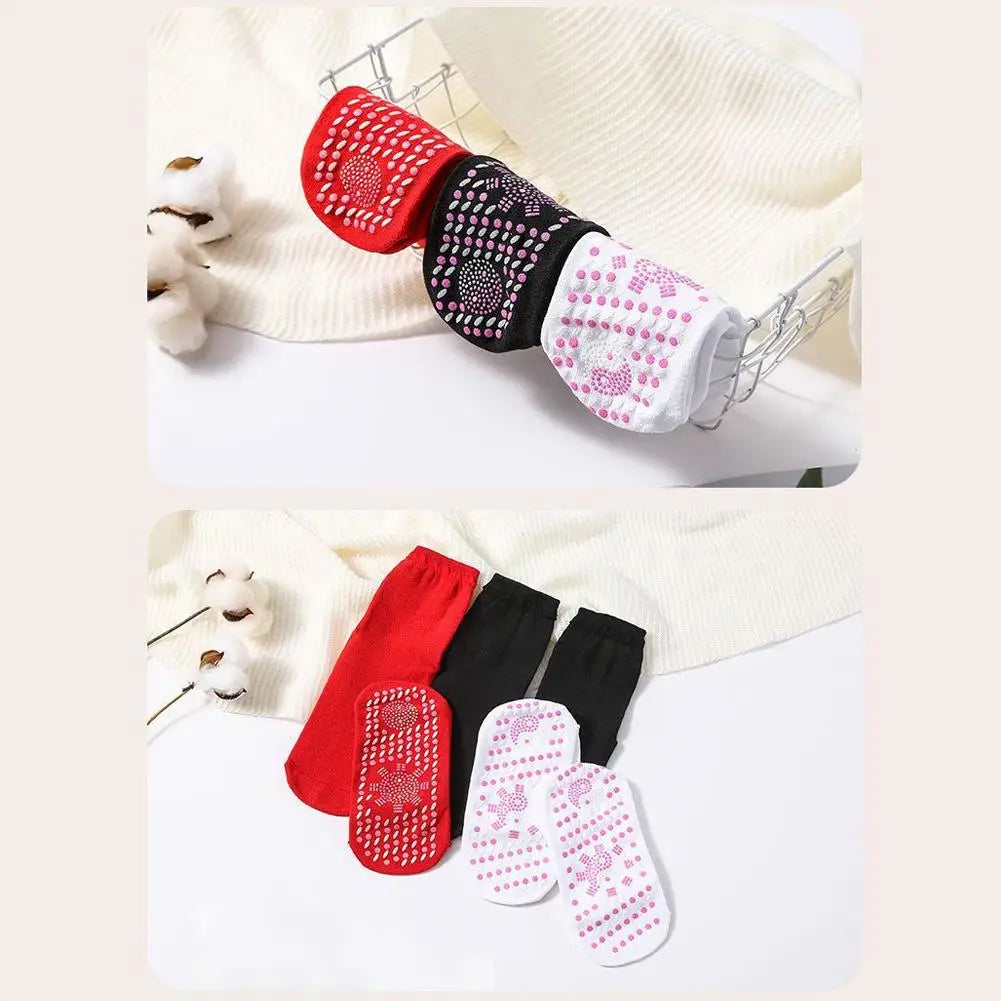 3 Pairs Self-Heating Cotton Socks - Black Red White Tomalin Health Socks Mid-Tube Cold Resistant Sweat-Absorbing Massage Floor Peaceful Pleasures Health and Wellness