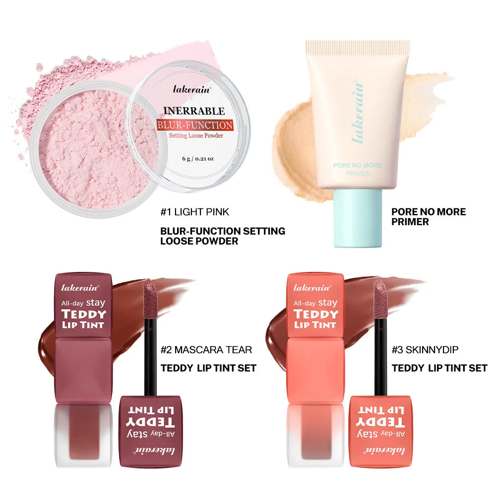 Lakerain 4-Piece Makeup Set – Primer, Lip Tint & Setting Powder